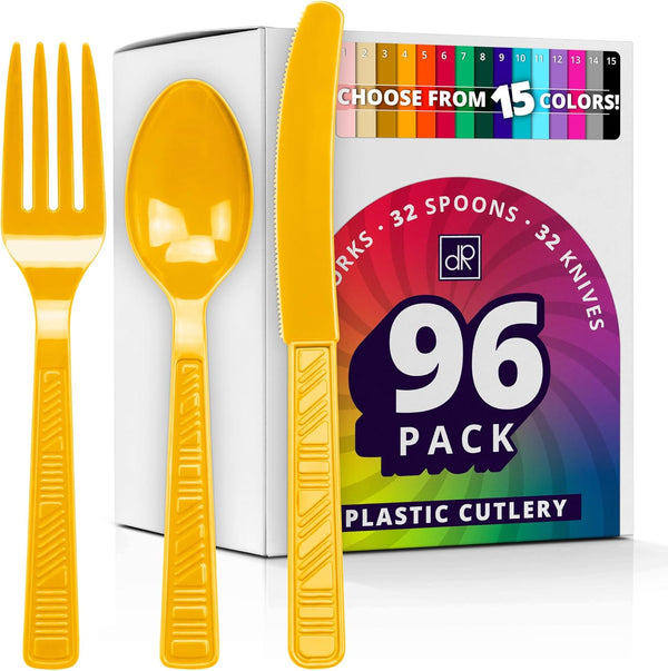 DecorRack 96 Piece Plastic Cutlery Set, Yellow Heavy Duty Plastic Silverware Sets for Parties