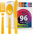 DecorRack 96 Piece Plastic Cutlery Set, Yellow Heavy Duty Plastic Silverware Sets for Parties