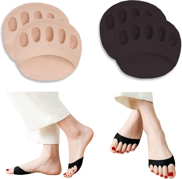 Reusable Honeycomb Fabric Forefoot Pads, Soft Ball of Foot Cushions for Pain Relief (Black, Beige)