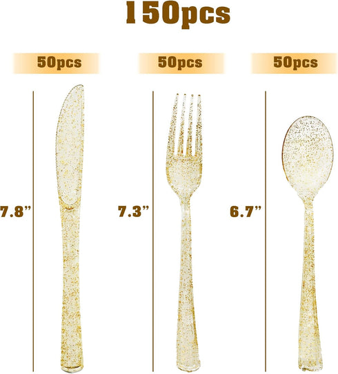 150 Pack Gold Plastic Silverware, Gold Glitter Silverware, Heavy Duty Gold Silverware -50 Gold Glitter Forks, 50 Gold Glitter Knives, 50 Gold Glitter Spoons for All Occasions Use by joy akkess