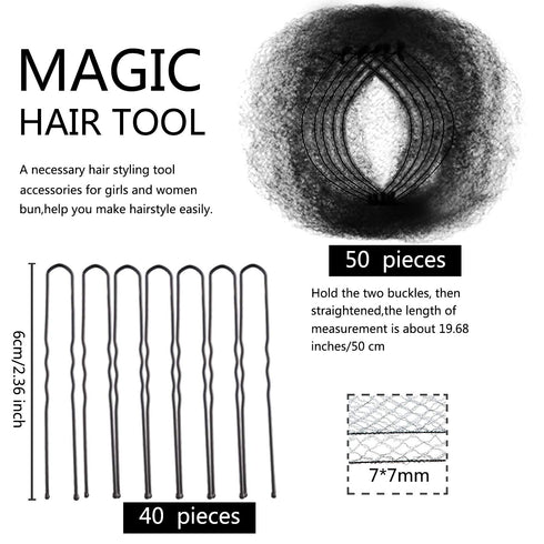Zonon Hair Nets, 50Pcs Invisible Elastic Edge Mesh, 50cm Individual Package for Women Bun, with 40Pcs U Shaped Pins,