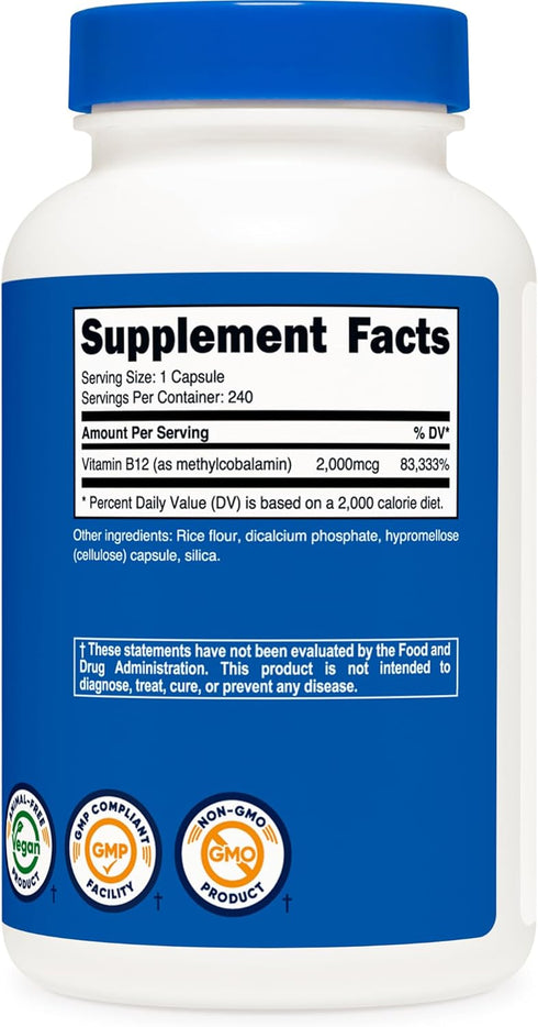 Nutricost Vitamin B12 (Methylcobalamin) 2000mcg, 240 Non-GMO Vegetarian Capsules