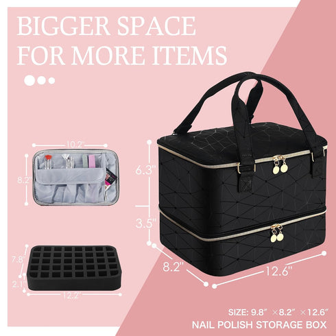 Nail Polish Organizer Case, Holds 40+ Bottles and LED Nail Lamp, Nail Supply Storage for Nail Tech (BLACK)