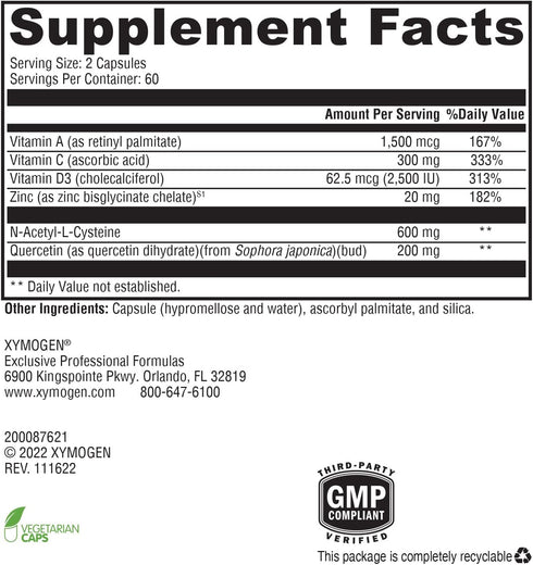 XYMOGEN Immune Essentials Daily for Long-Term Immune Support with Vitamin D3, C, A, N Acetyl L Cysteine, Zinc Chelate,