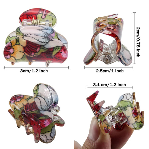 Mini 1.2 Inch Plastic No-Slip Grip Jaw Hair Clip, Floral Printed Small Acrylic Hair Claw Clips, Pack of 12