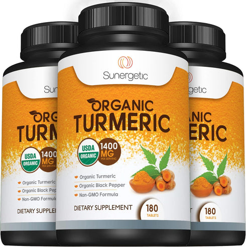 Sunergetic USDA Certified Organic Turmeric Supplement – 1,400mg of Turmeric per Serving with Organic Black Pepper - 180