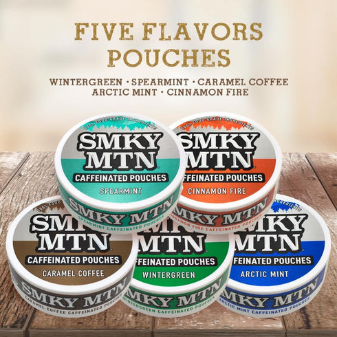 Smokey Mountain Caffeinated Pouches - Arctic Mint, Tobacco Free and Nicotine Free, 5 Can Box with 15 Pouches Per Can
