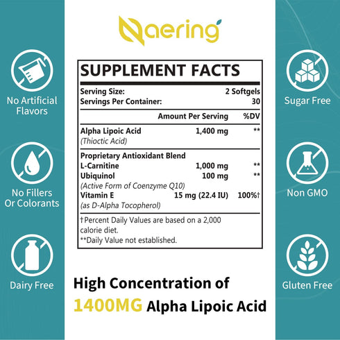 Liposomal Alpha Lipoic Acid 1400mg Softgels, ALA Supplement with L-Carnitine, Ubiquinol, Vitamin E, 120 Softgels