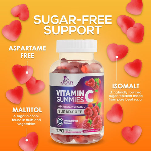 Sugar Free Vitamin C Gummies - 120 Count, Immune Support & Antioxidant Supplement, Vegan, Raspberry Flavor