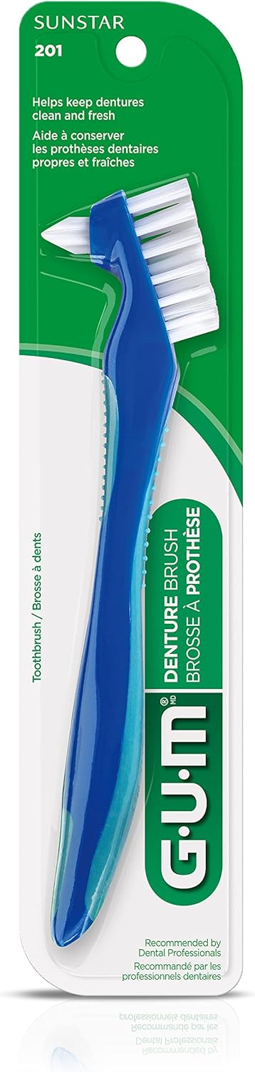 GUM Denture Brush - Dual Headed Hard Bristle Toothbrush for Dentures & Acrylic Retainers, Dentist Recommended Cleaner