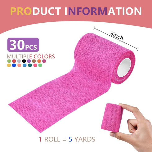 KISEER 30 Pack 3 Inch 5 x Yards Colorful Self Adhesive Bandage Breathable Cohesive Bandage Wrap Rolls Elastic