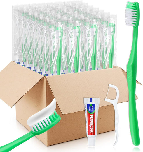 Disposable Toothbrushes with Toothpaste - 200Pcs Green Individually Wrapped Travel Toothbrushes and Dental Floss Kit