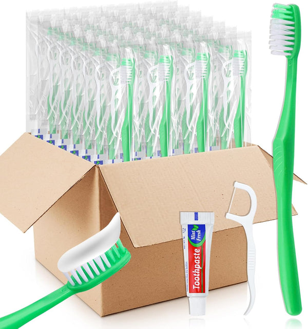 Disposable Toothbrushes with Toothpaste - 200Pcs Green Individually Wrapped Travel Toothbrushes and Dental Floss Kit