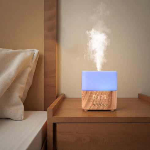 LUMINFLY 300Ml Essential Oil Diffuser Wireless Speaker, Alarm Clock, Night Light, Wood Grain, for Bedroom Living Room