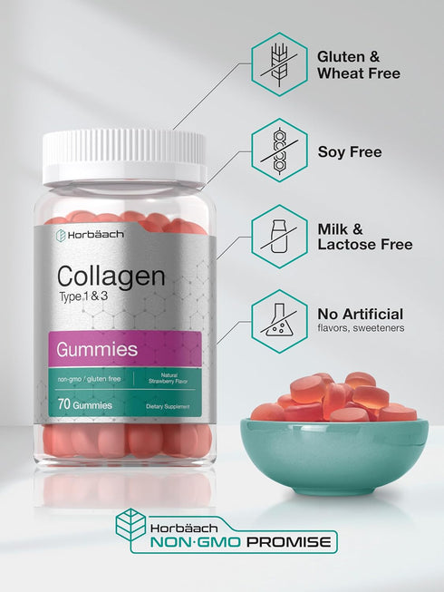 Horbaeach Collagen Gummies, 70 Count Strawberry Flavored, Hydrolyzed Collagen Type 1 and 3, Non-GMO, Gluten Free