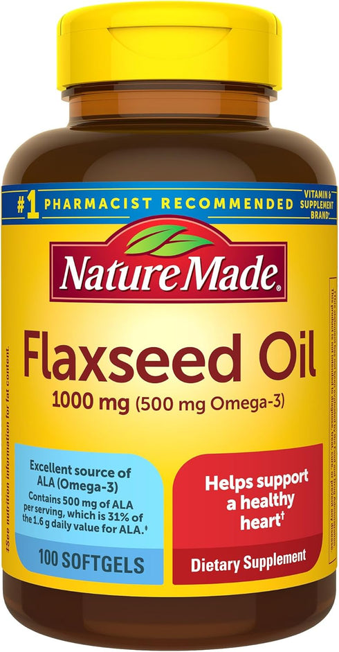 Nature Made Flaxseed Oil 1000 mg, 100 Softgels, Fish Free Omega 3 Supplement for Heart Health Support, 100 Day Supply