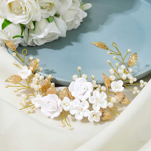 Unicra Flower Bride Wedding Hair Vine Pearl Bridal Hair Piece Leaf Hair Accessories Rhinestone Headband for Women and Girls (Gold)