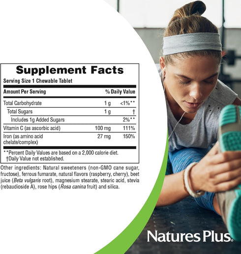 NaturesPlus Chewable Iron - 27 mg, 90 Chewable Tablets - High Potency Supplement with Vitamin C & Herbs, Vegetarian