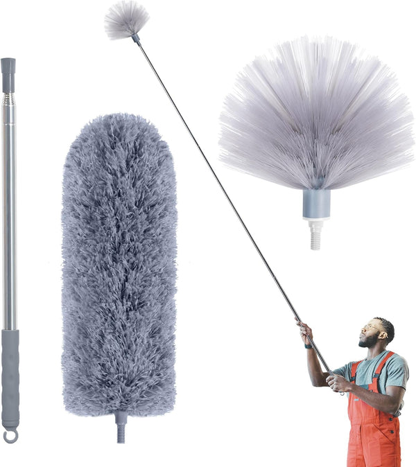 Cobweb Duster with Extension Pole, Spider Web Brush & Ceiling Duster Kit for Cleaning, 100" Microfiber Feather Duster