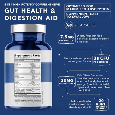 4-in-1 Prebiotic Probiotic & Postbiotic for Women & Men, Complete Gut & Digestive Support Supplement, Pre Post Probiotics & Digestive Enzymes 60 capsules