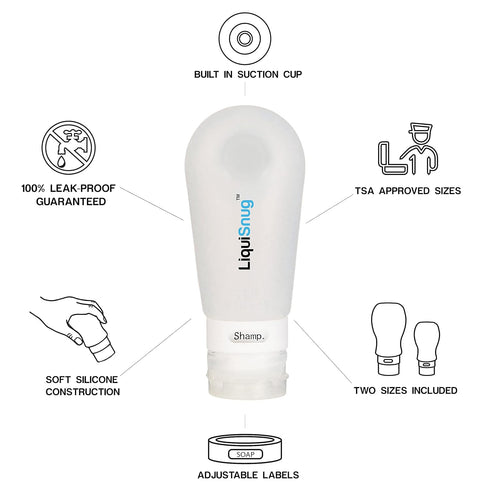 LiquiSnugs Premium Travel Bottles - 100% Leak Proof Silicone Toiletries - TSA Approved, Suction Cups & Adjustable Labels