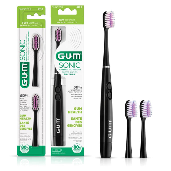 GUM Sonic Powered Toothbrush - Tapered Bristles Clean Below The Gumline, Bundle, Black, 1 Handle + 2 Refills