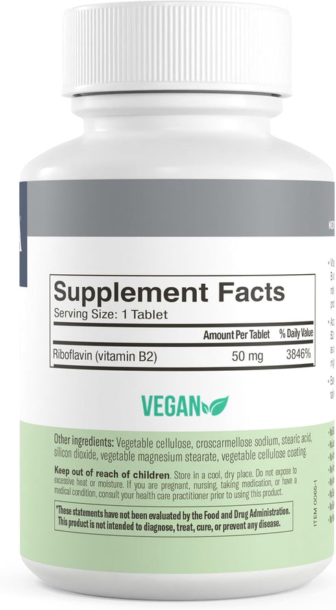 Freeda Vitamin B2 Riboflavin 50mg for Energy Metabolism, Migraine Relief, 100 Ct, Kosher, Vegan