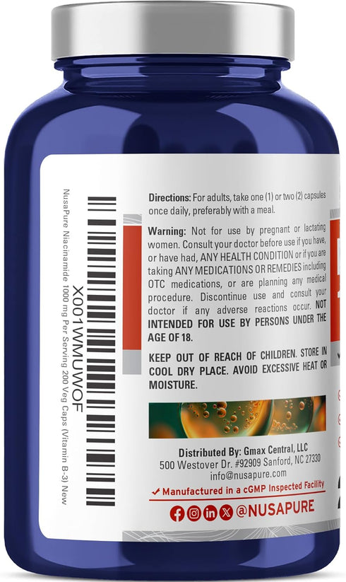 NusaPure Niacinamide 1000mg, 200 Veggie Capsules (Non-GMO, Vegan) Flush Free