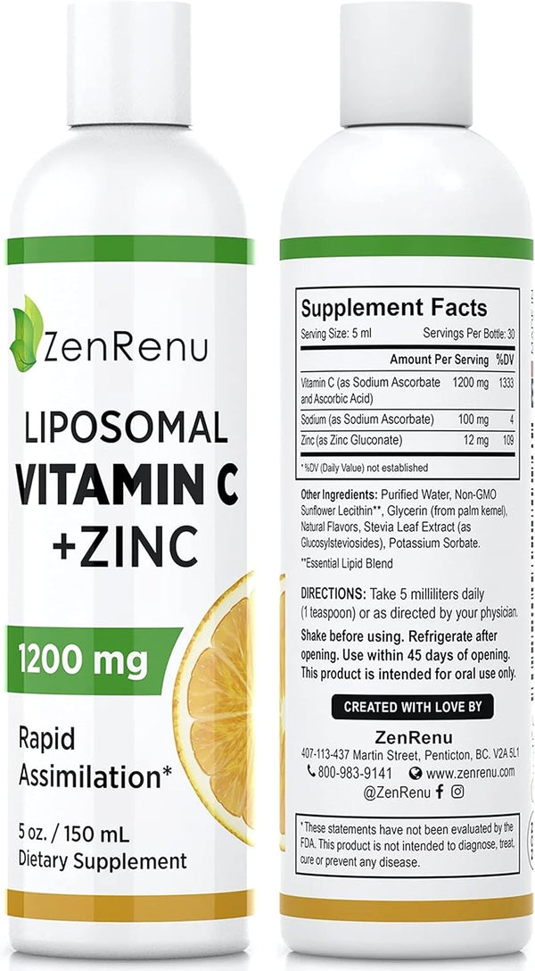 Liposomal Vitamin C and Zinc Liquid Drink for Adults & Kids, Max Antioxidant & Immune Support, 5 oz