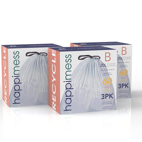 happimess HPM3000B-CLEAR 5.3 Gallon Kitchen Drawstring Trash Bags, Clear, 60-Count, 3-Packs of 20 Liners