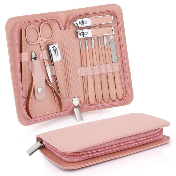 Manicure Set, 12 in 1 Stainless Steel Nail Care Kit, Professional Ingrown Toenail Clipper Grooming Tool (Rose Gold)