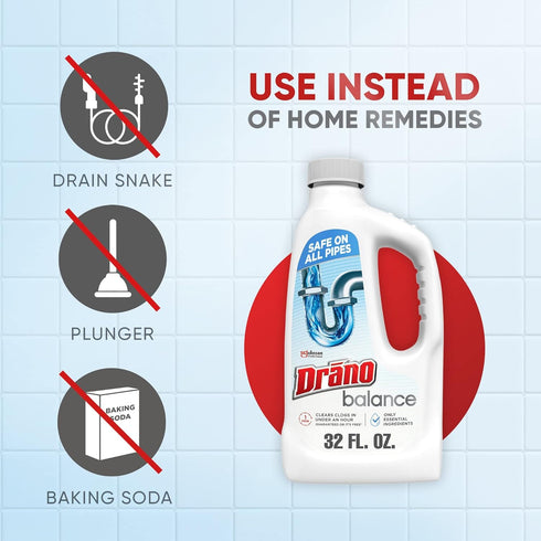 Drano Balance Unscented Liquid for All Pipes, Clears Clogs in Under an Hour, Normal Use