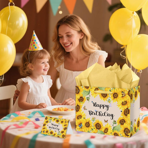 HSKMAKE Sunflower Birthday Gift Bag Yellow Sunflower Paper Bag with Card Yellow Tissue Paper Sunflower Wrapping Paper