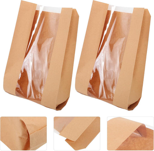 OFFIGAM 50pcs Packaging Kraft Paper Bakery Bread Bags with Window Large Size Greaseproof Food Storage Pouches