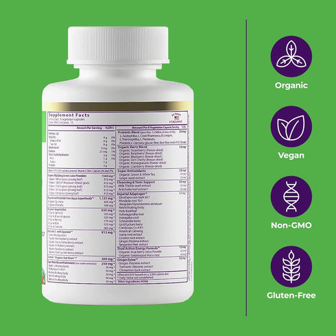 Paradise ORAC Energy Greens Powder - Super Antioxidants & Probiotics for Gut Health, 120 Capsules