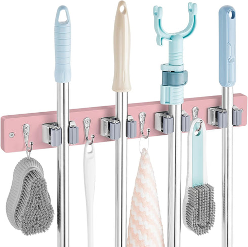 Pink Mop Broom Holder Wall Mount, 4 Slots & 4 Hooks, Wood Hanger for Kitchen Organization and Decor
