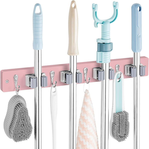 Pink Mop Broom Holder Wall Mount, 4 Slots & 4 Hooks, Wood Hanger for Kitchen Organization and Decor