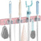 Pink Mop Broom Holder Wall Mount, 4 Slots & 4 Hooks, Wood Hanger for Kitchen Organization and Decor