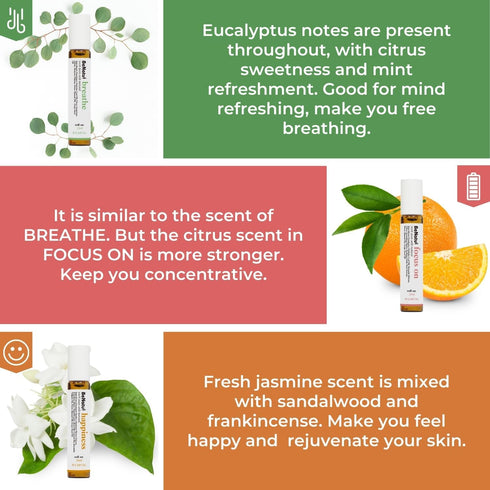 Set Benatu Essential Oil Blends (Breathe, Focus on, Happiness), Natural Aromatherapy Roll On for Massage, Body Skin