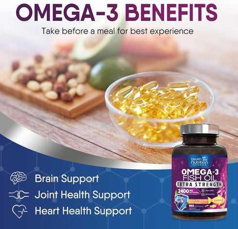 Fish Oil 2400 mg Triple Strength Omega-3 Supplement - Natural Support for Immune, Heart & Brain Health - Wild Caught,