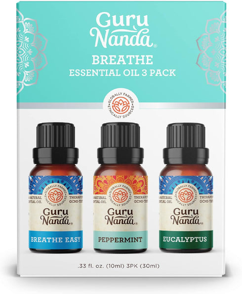 GuruNanda Breathe Essential Oil Set (Pack of 3 x 0.34 Fl Oz) - 100% Pure & Natural Diffuser Oils for Aromatherapy