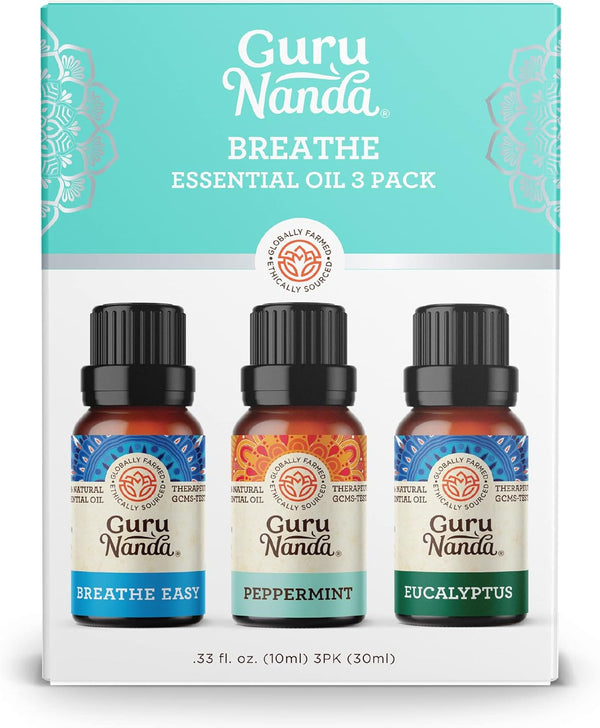 GuruNanda Breathe Essential Oil Set (Pack of 3 x 0.34 Fl Oz) - 100% Pure & Natural Diffuser Oils for Aromatherapy