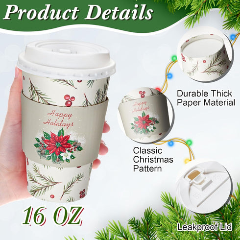 Jingmore 48 Pack 16 oz Christmas Disposable Coffee Cups with Lids and Sleeves Christmas Paper Hot Cups Xmas Party