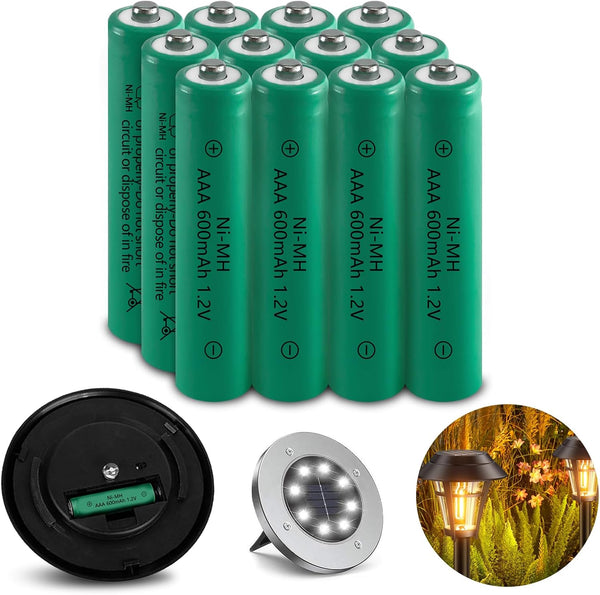 Ni-MH Rechargeable AAA Batteries 600mAh 1.2V Pre-Charged for Solar Garden Landscaping Outdoor Solar Lights (12 Pack)