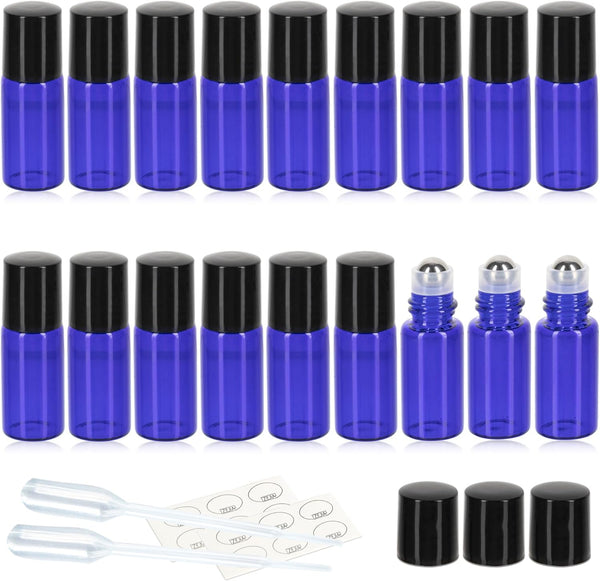 ZEJIA 24Pack 3ml Cobalt Blue Roller Bottles, Thick Glass Essential Oil Bottles with Stainless Steel Roller Ball and 2