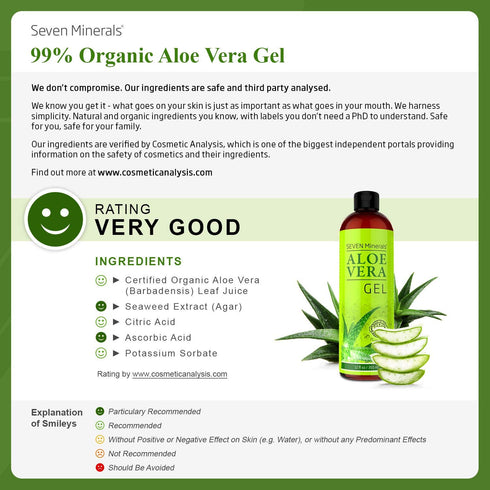 Seven Minerals Aloe Vera Gel, 99% Organic, 12 oz, Absorbs Rapidly with No Sticky Residue