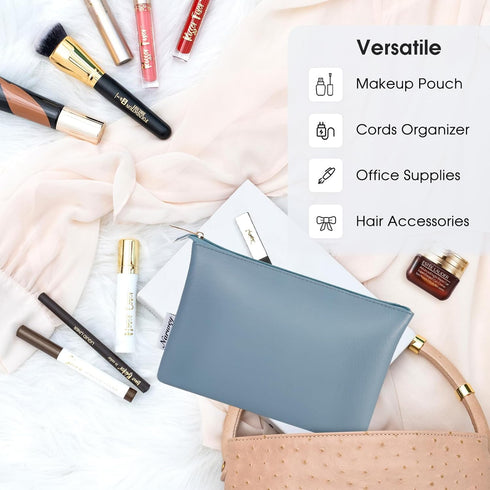 Narwey Small Makeup Bag for Purse, Vegan Leather Travel Cosmetic Pouch, Zipper Pouch for Women (Greyish Blue)