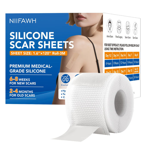 Niifawh Clear Silicone Scar Sheets, Silicone Scar Tape(1.6"x 120" Roll-3M) - Reusable, Soft