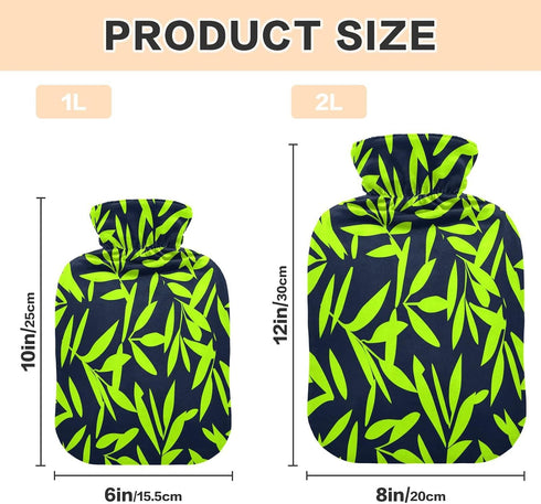 miaozhen 2L Neon Green Leaf Dark Blue hot Water Bottle with Soft Cover Warm Water Bottle for Bed for Menstrual Cramps