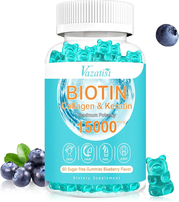 Hair Skin Nail Vitamins Gummies 15000mcg Biotin - Sugar Free Blueberry Flavor with Collagen & Zinc, 60 Ct